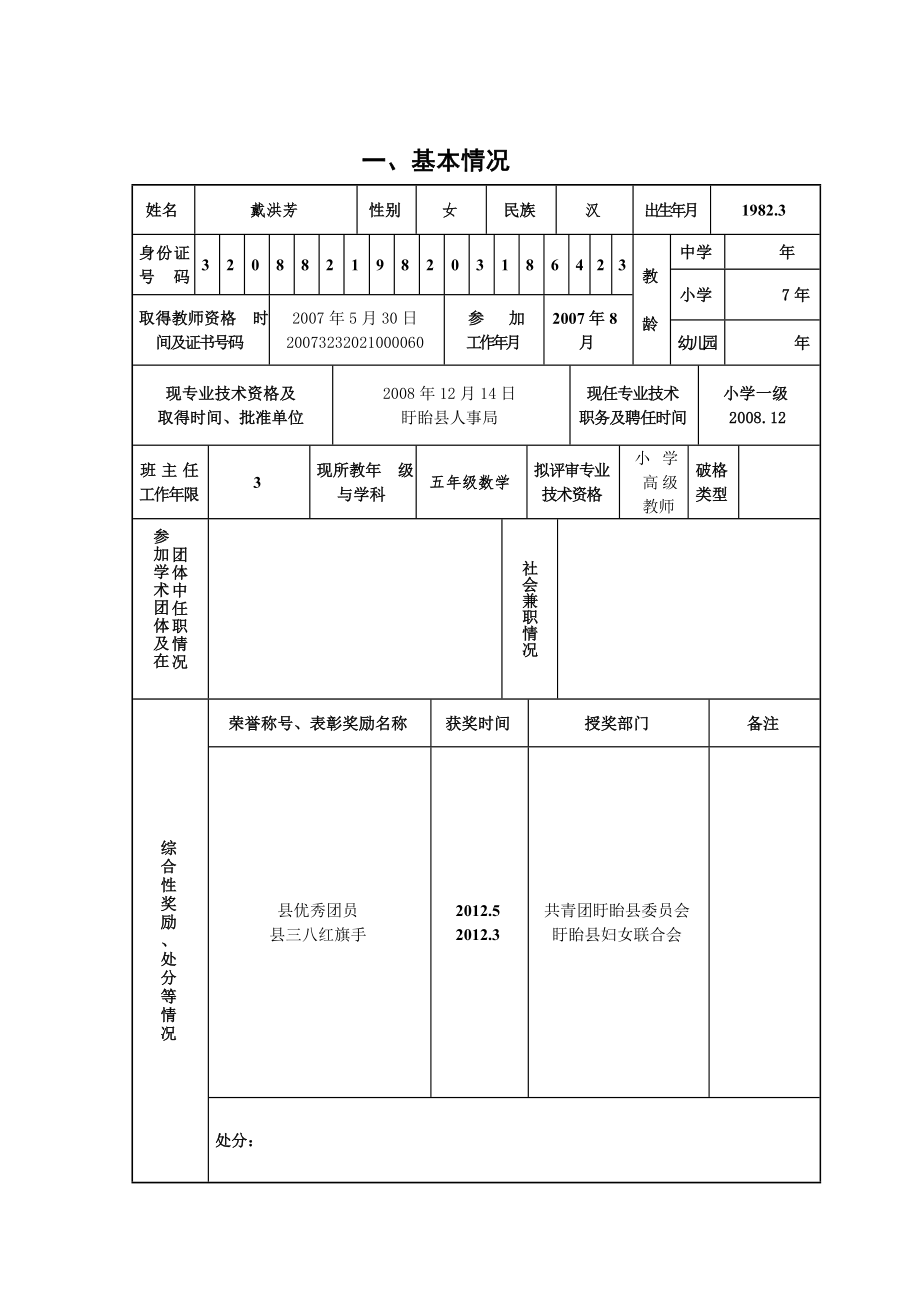 中小学教师专业技术资格评审申报表.doc