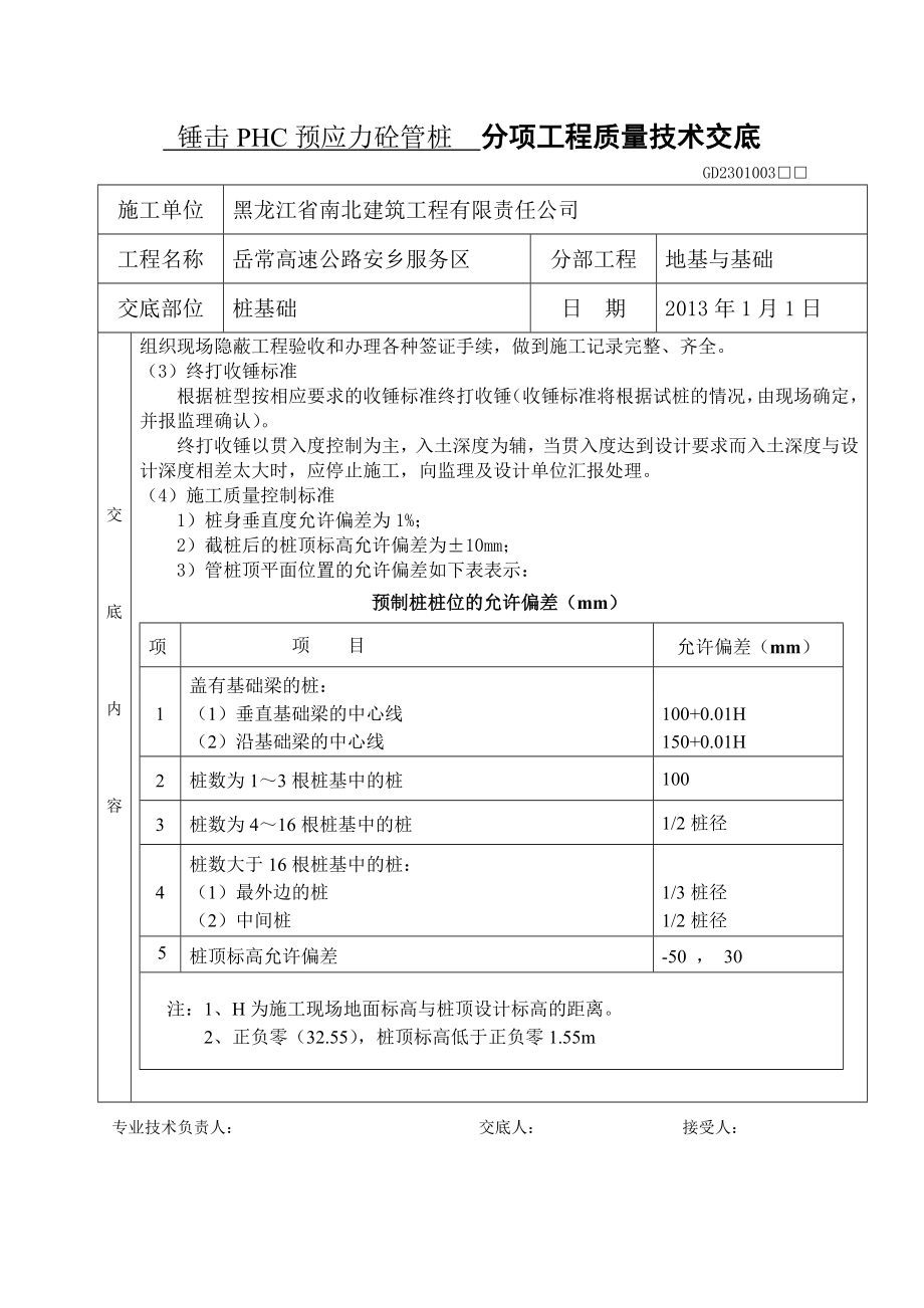 锤击PHC预应力砼管桩技术交底.doc