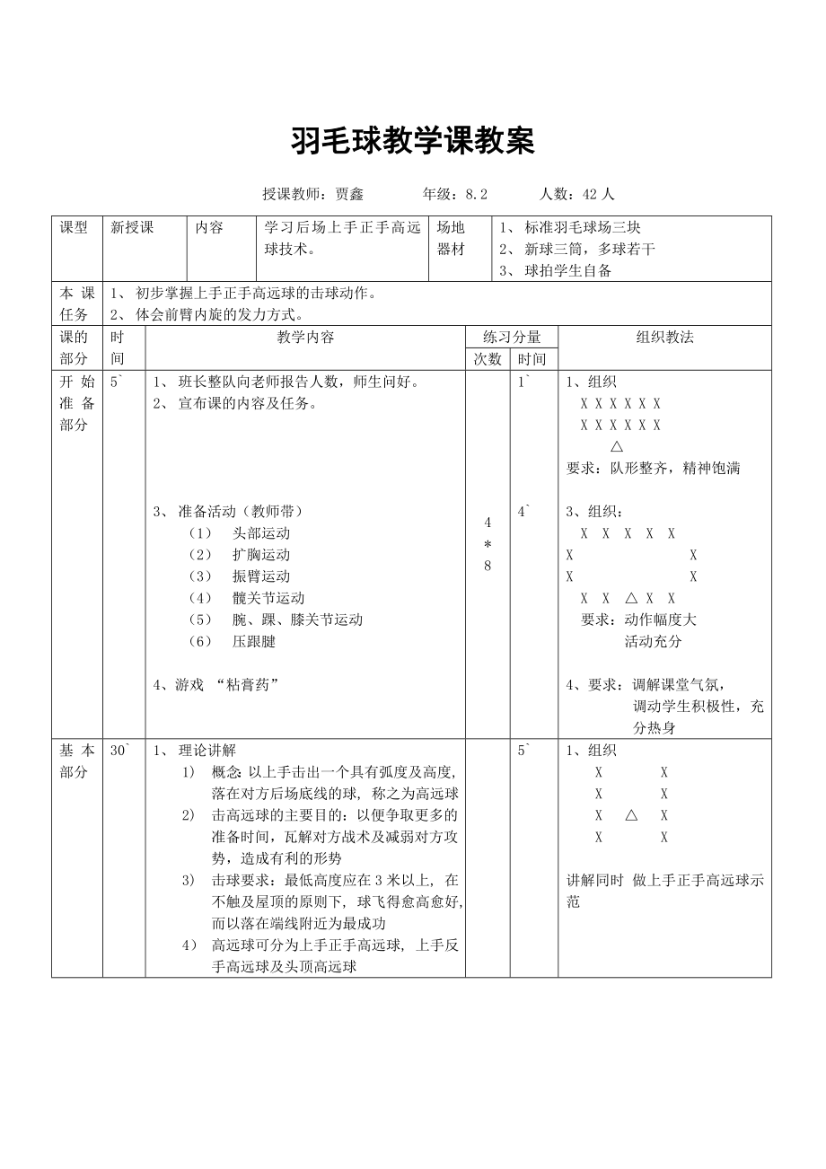 羽毛球教学课教案.doc