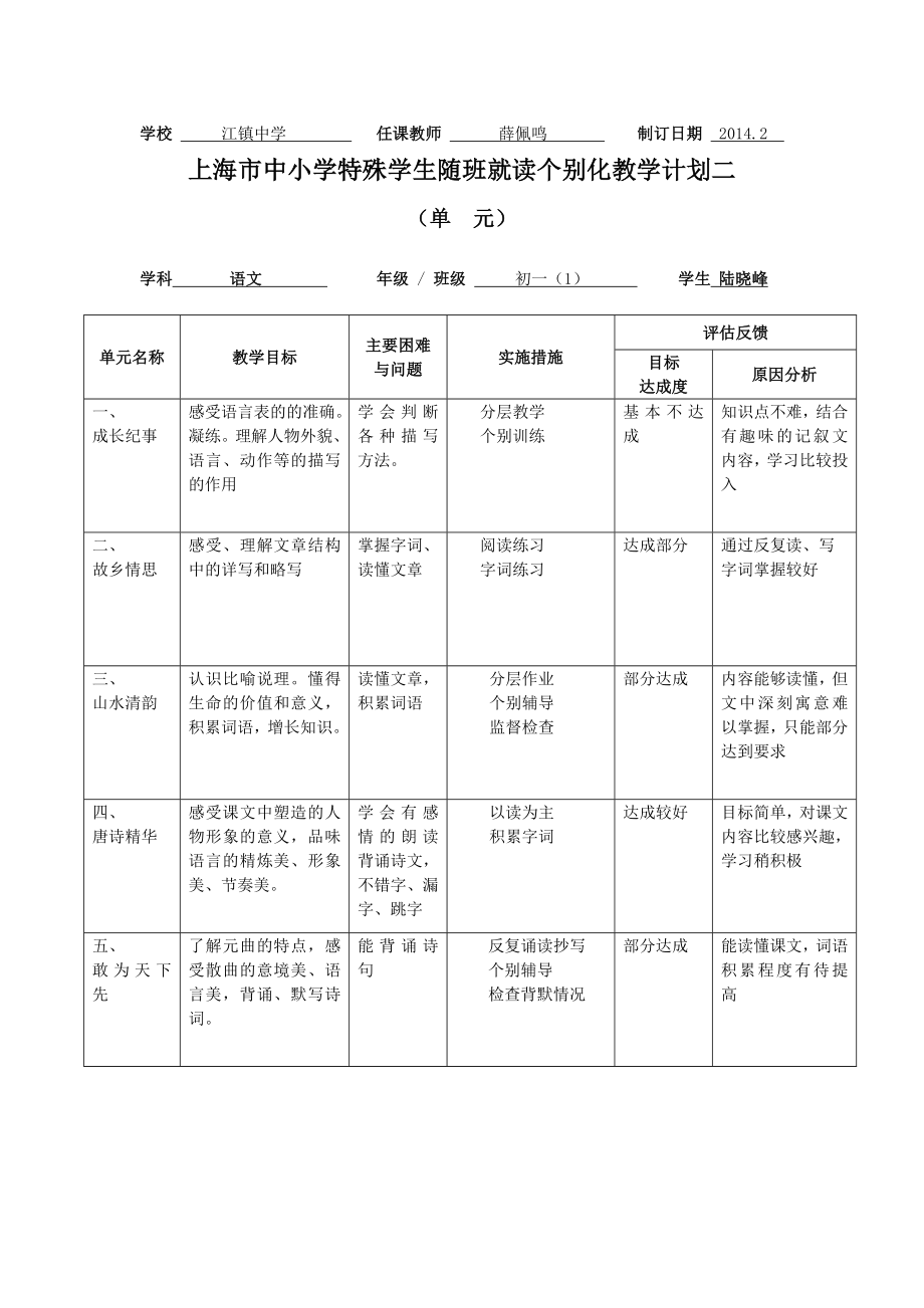 随班就读个别化教学计划.doc