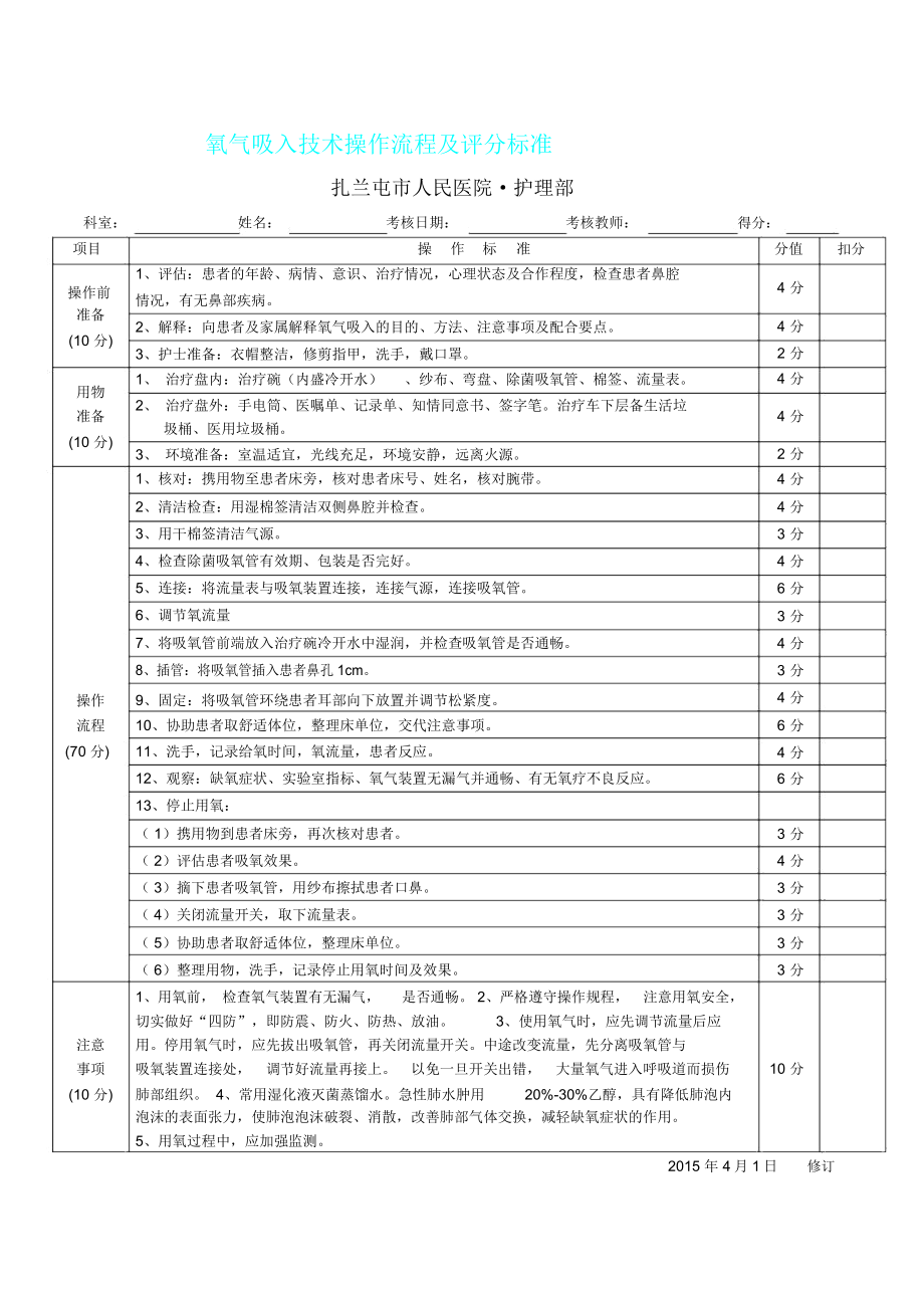 氧气吸入技术操作流程纲要及评分标准.doc