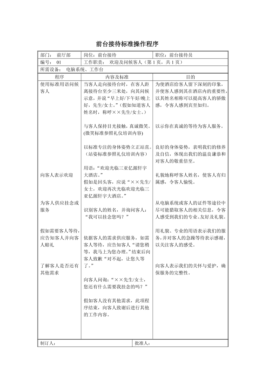 酒店前台接待标准操作程序教材.doc