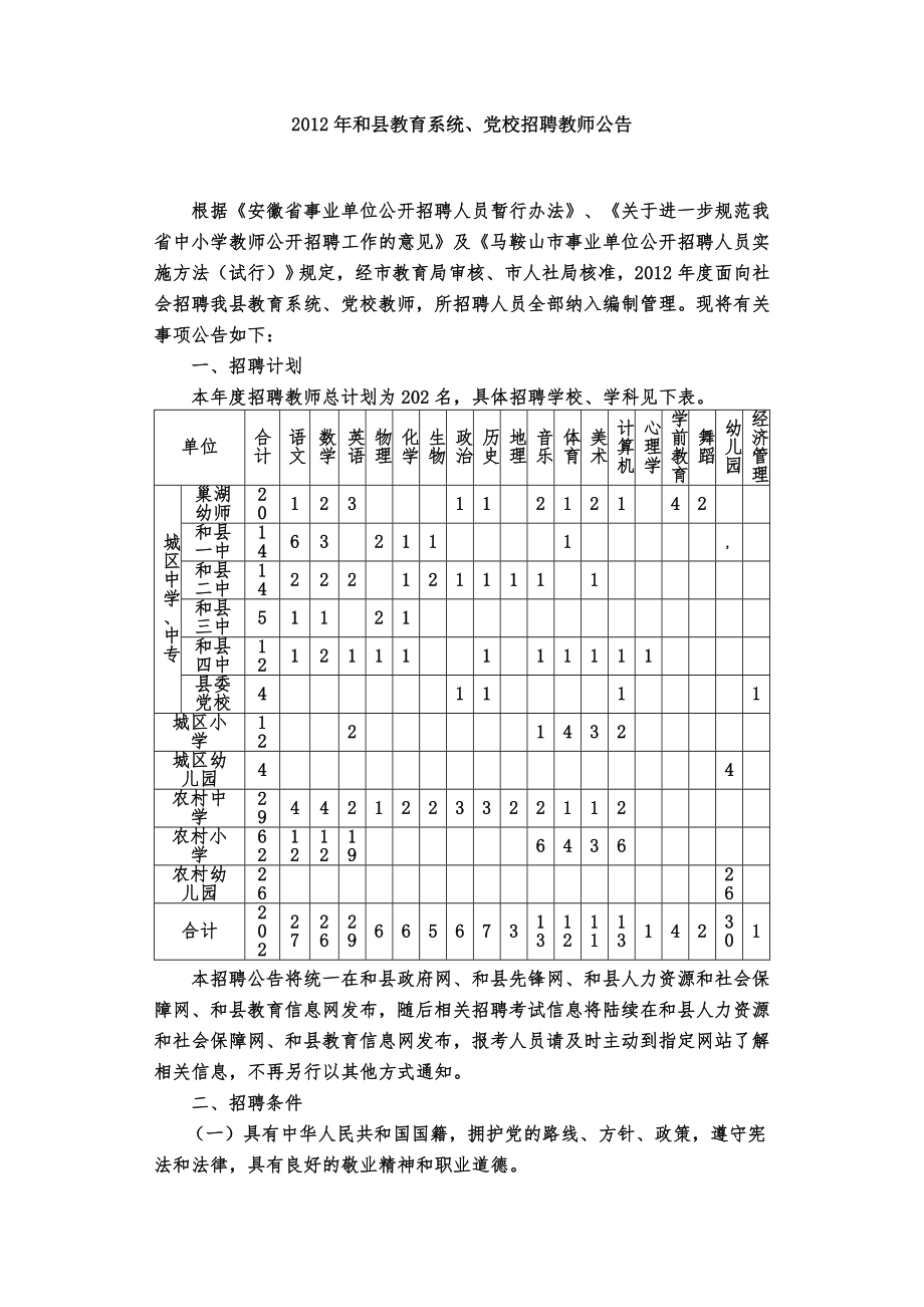 和县教师招聘公告.doc