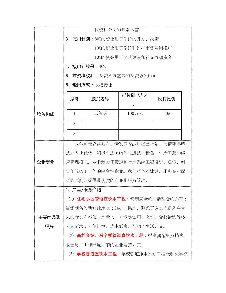 管道纯净水项目商业计划书概要商业计划书.doc