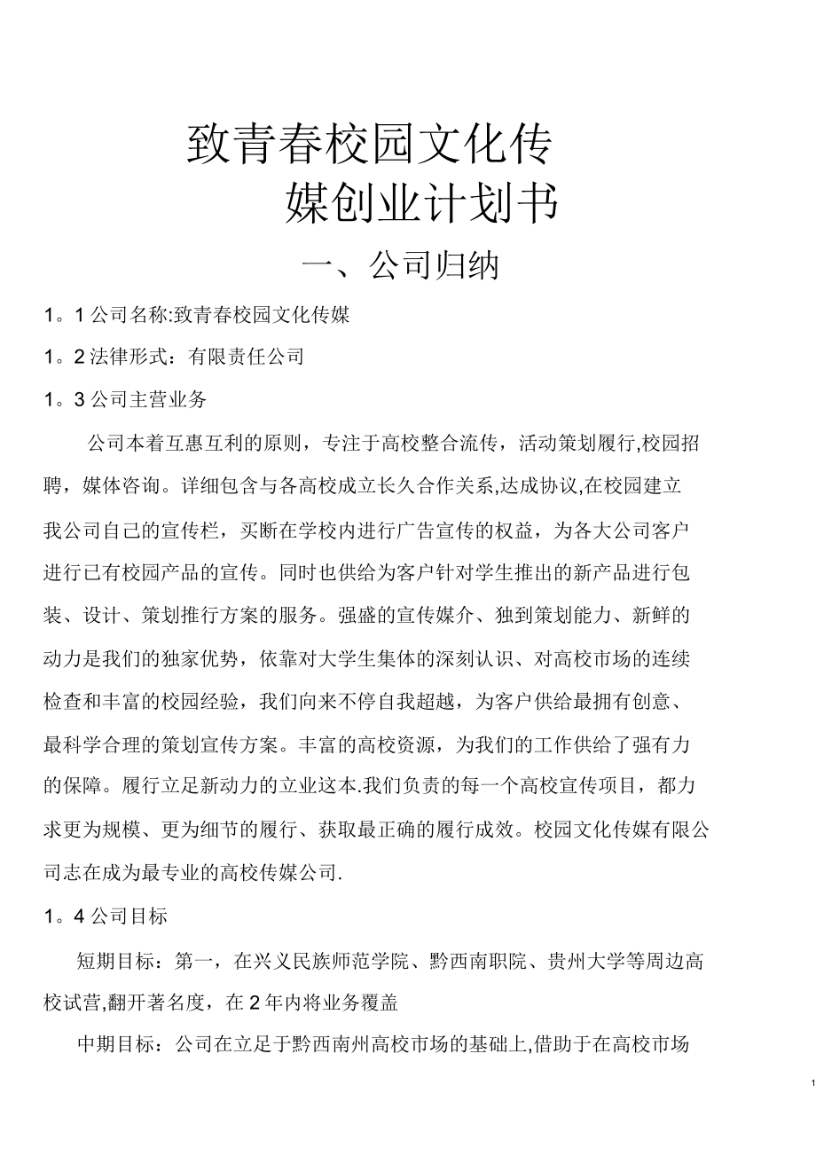 致青春校园文化传媒创业计划书.doc