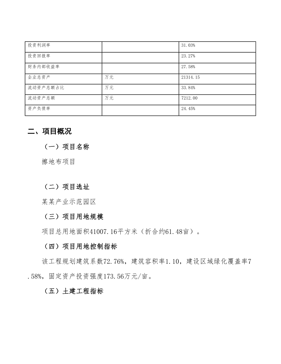 （项目申请模板）擦地布项目投资计划书.doc