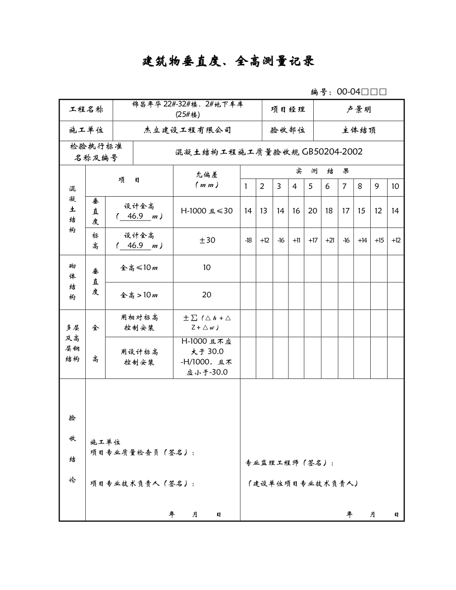 建筑物垂直度、全高测量记录.doc