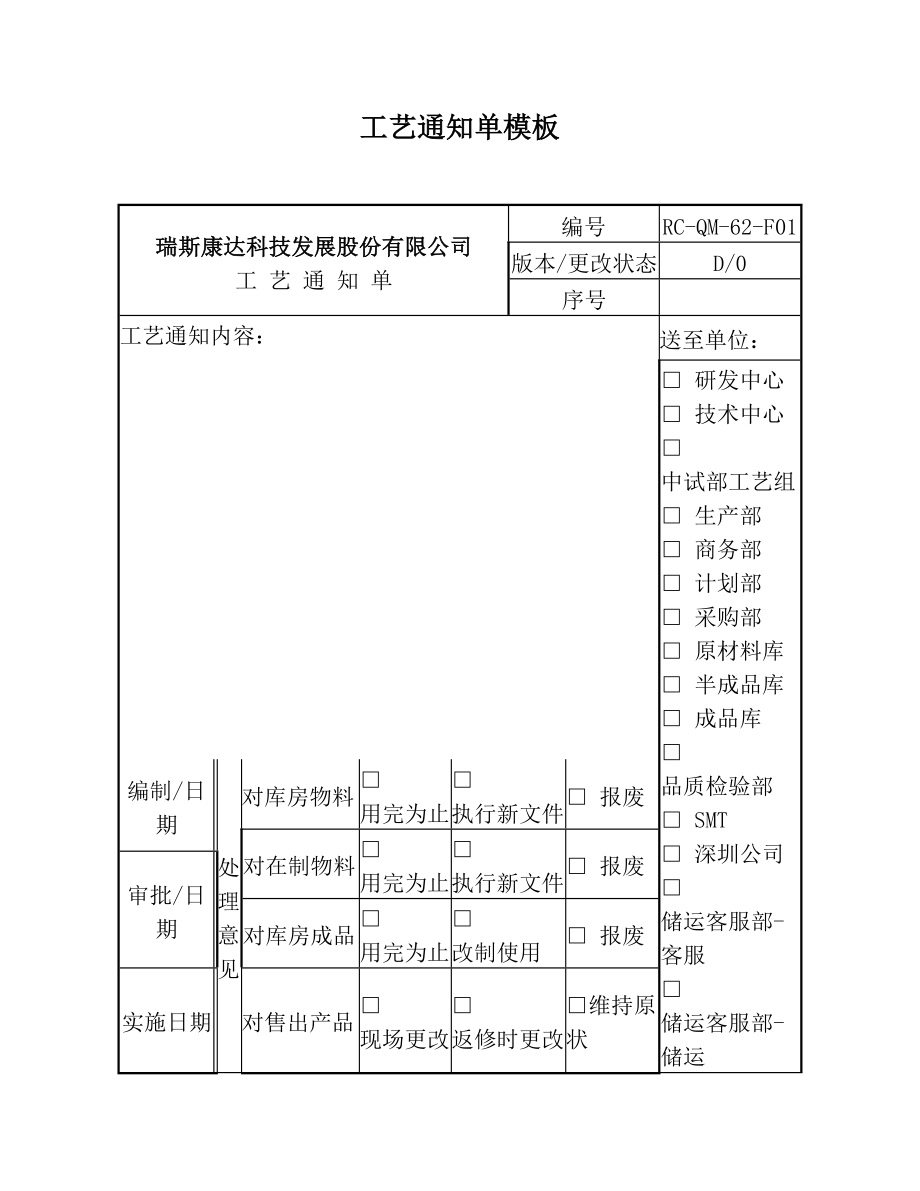 工艺通知单模板.doc