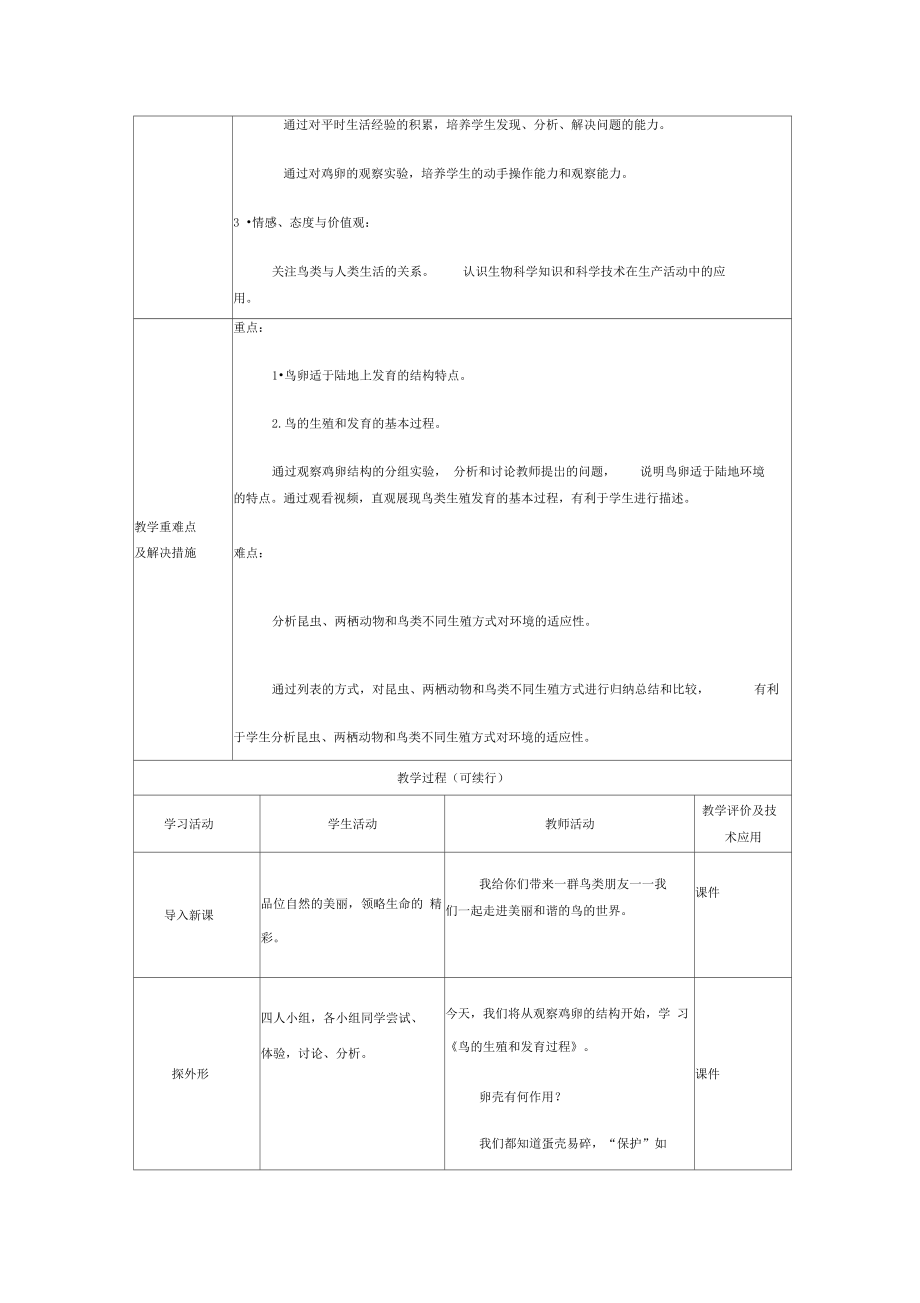 八年级生物下册鸟的生殖和发育教学设计.doc