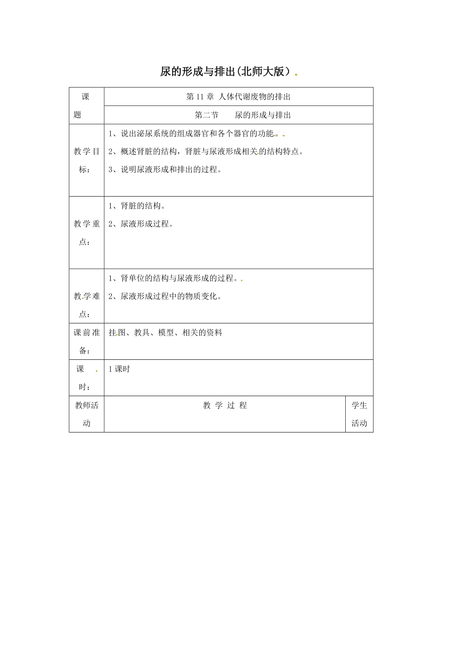 北师大版生物七下《尿的形成与排出》教案1.doc