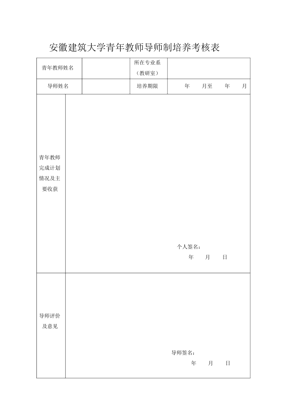 安徽建筑大学青年教师导师制培养考核表.doc