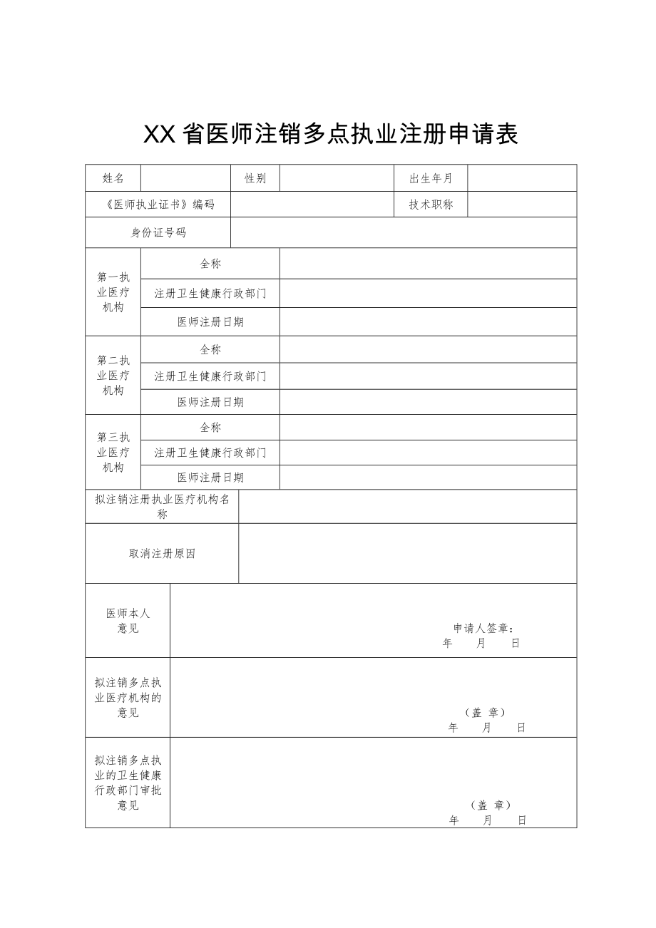 医师多点执业注册申请表注销表备案表.doc