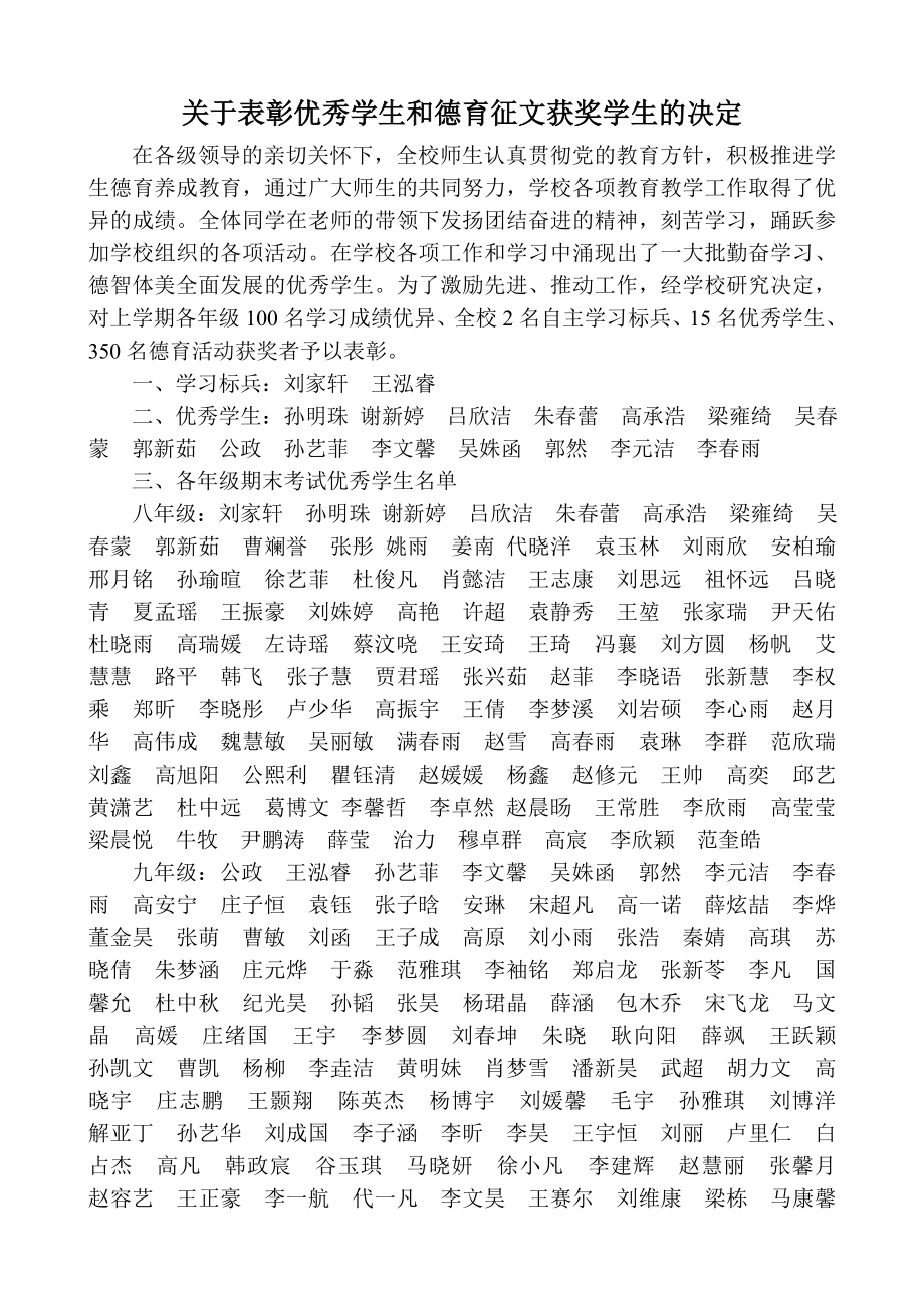 关于表彰优秀学生的决定.doc