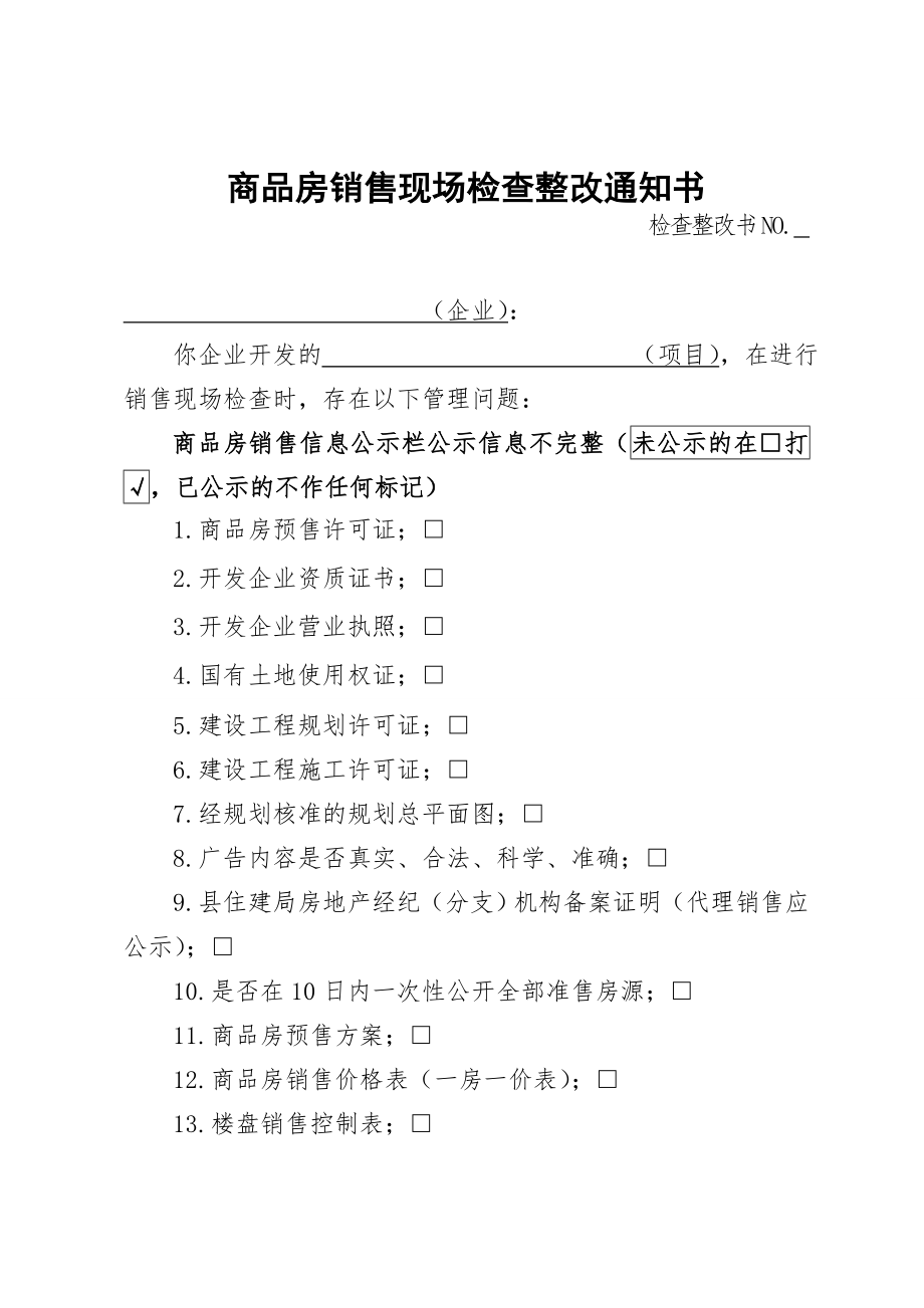 商品房销售现场检查整改通知书.doc