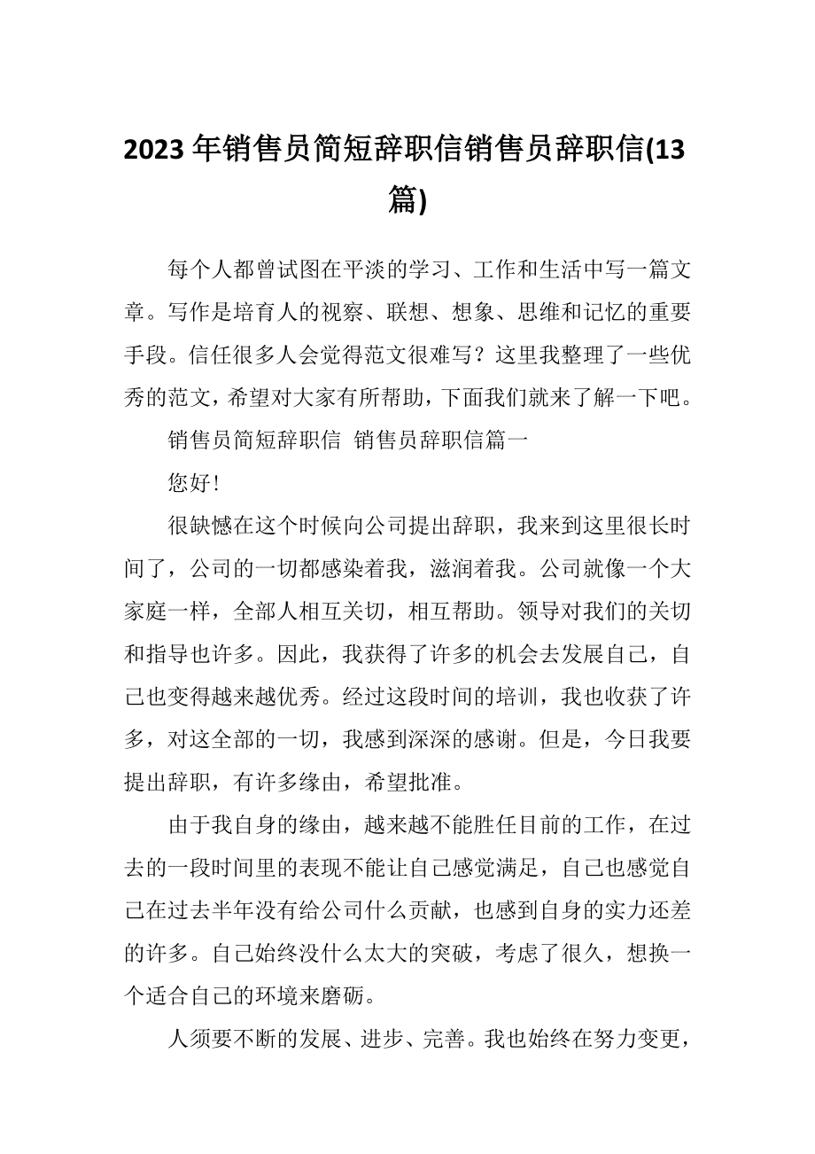 2023年销售员简短辞职信销售员辞职信(13篇).doc