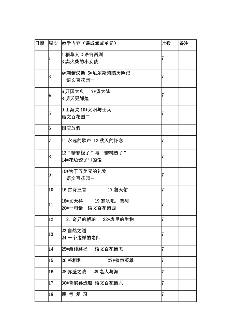 小学语文六年级上册第11册表格式教案全册教案.doc