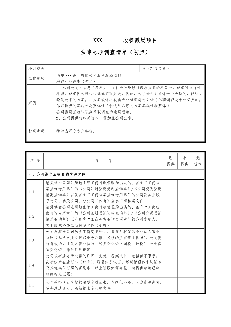 股权激励项目尽职调查清单.doc