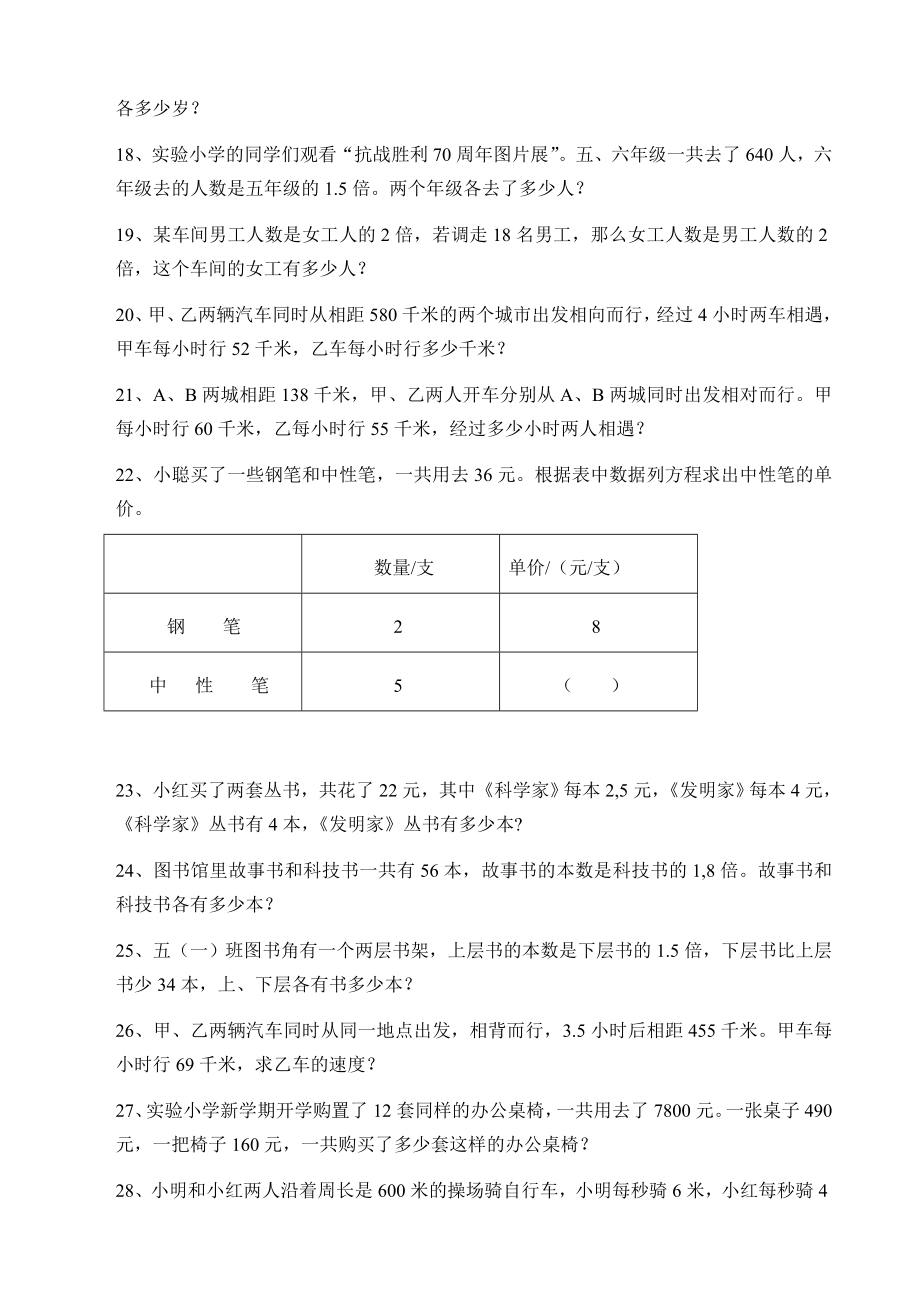 苏教版小学数学五年级下册应用题.doc