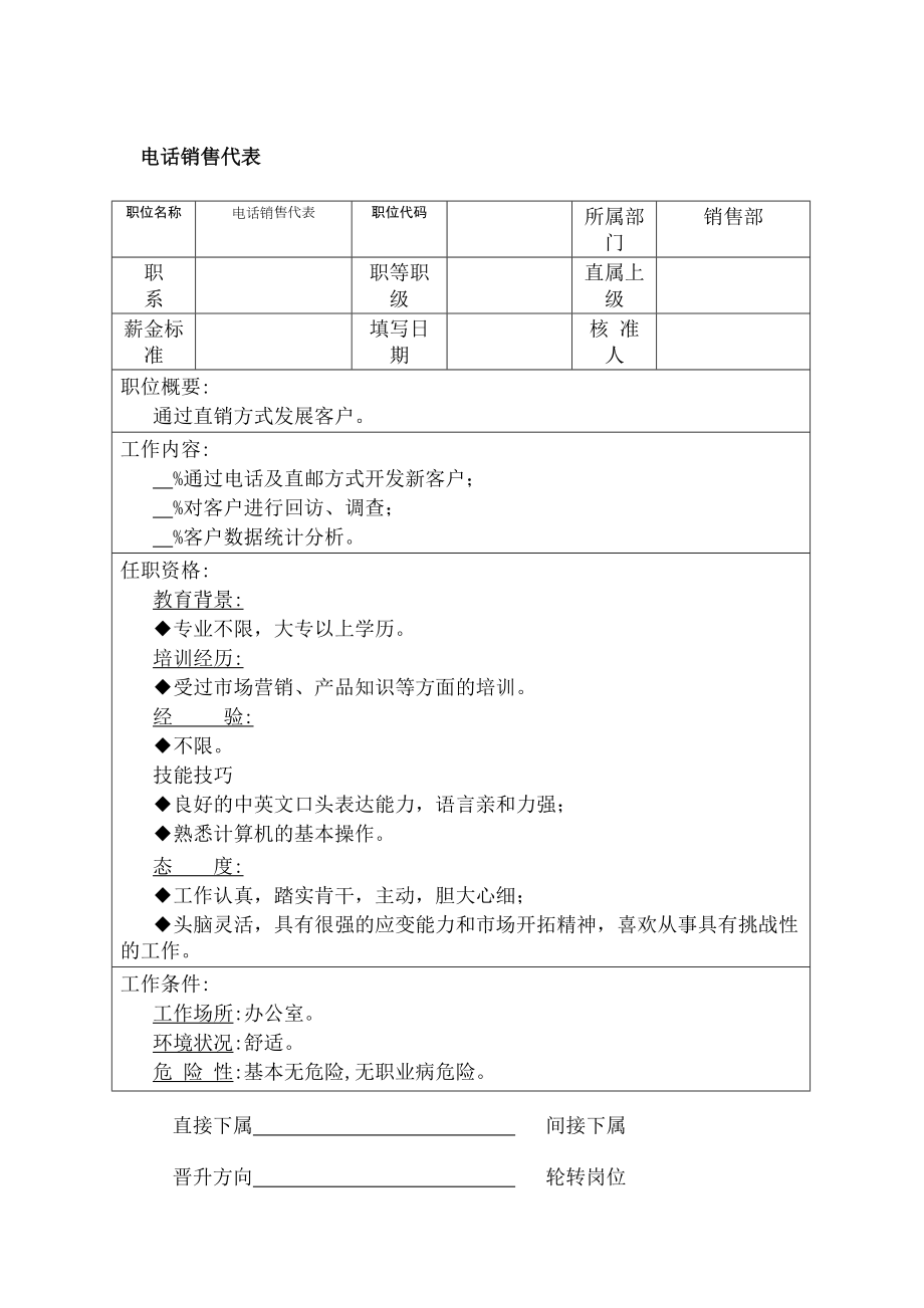 电话销售代表表格格式.doc