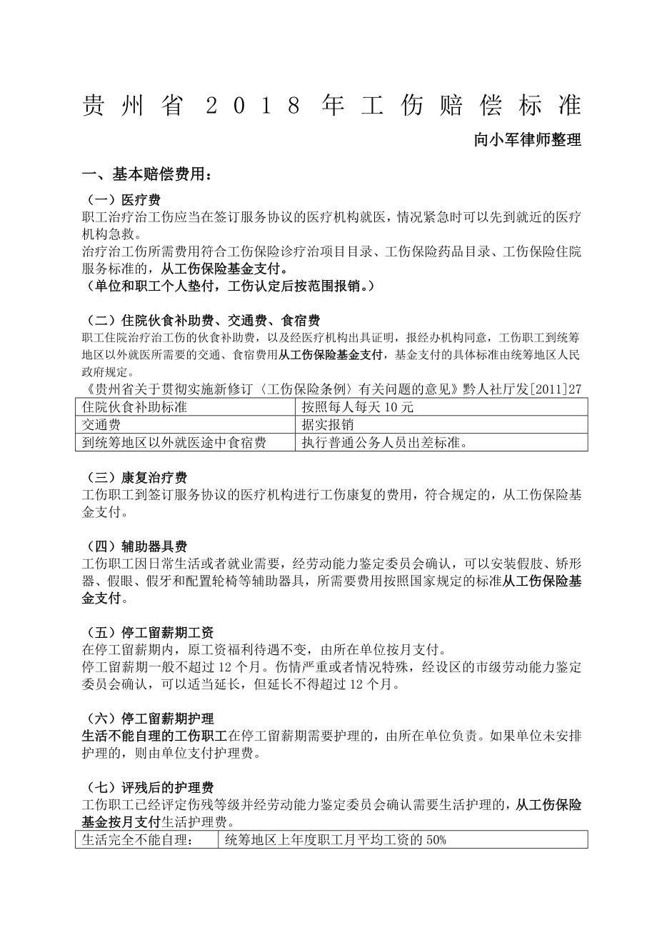 贵州省工伤赔偿标准向小军律师.doc