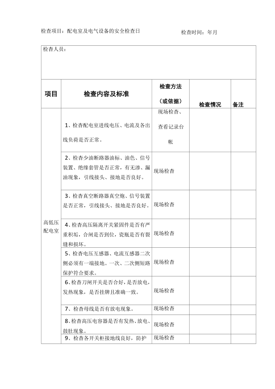 配电室及电气设备的安全检查表.doc