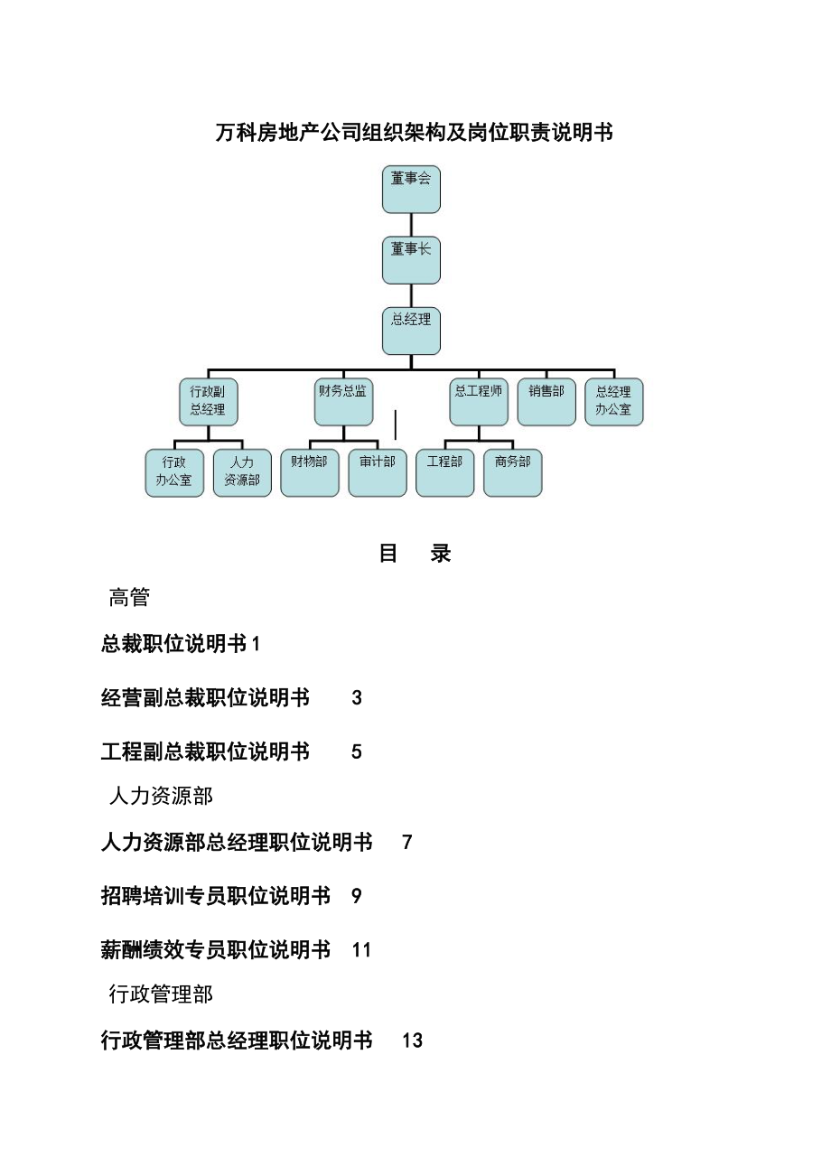 万科房地产公司组织架构及岗位职责说明书.doc