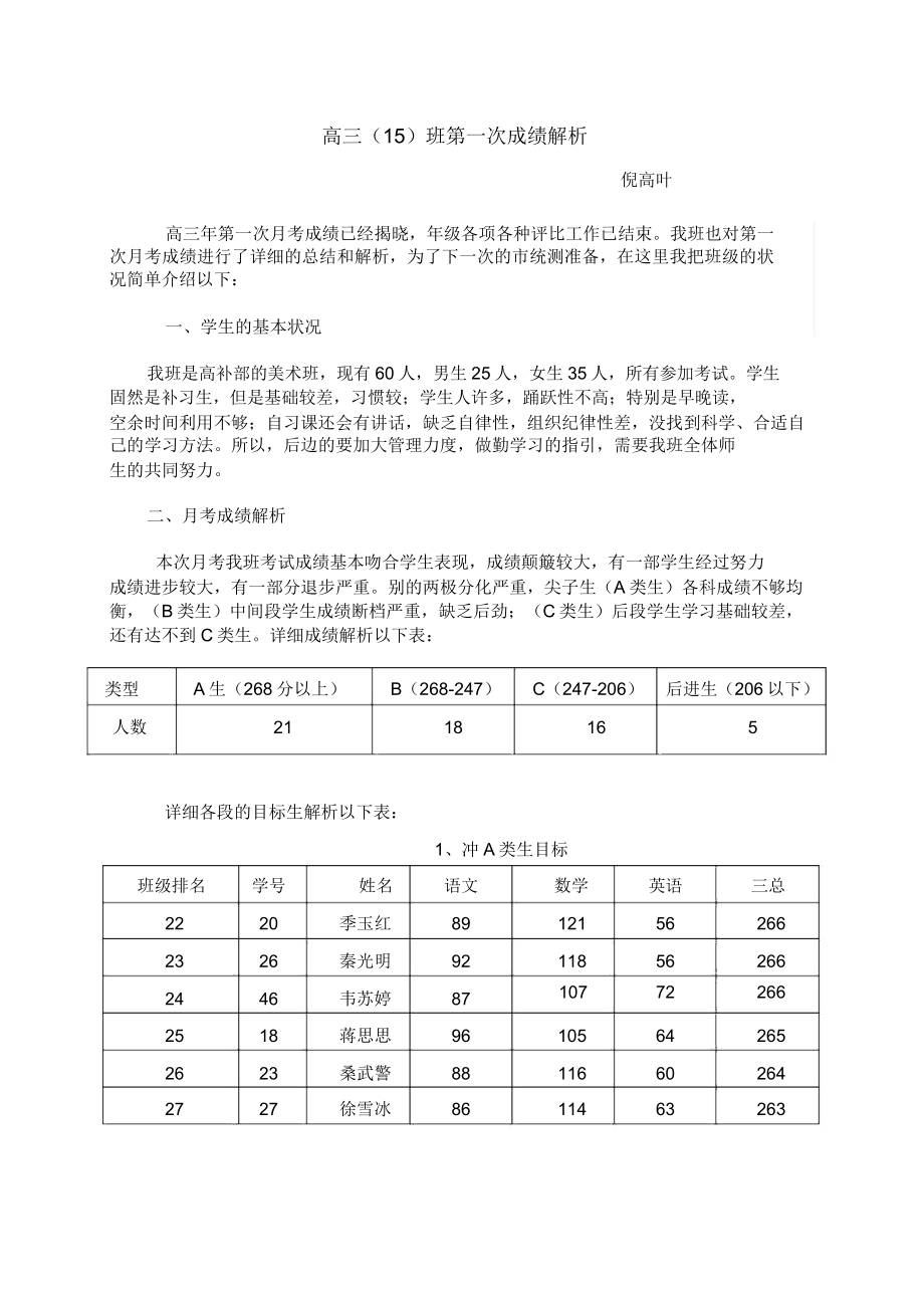 高三美术第一次月考成绩分析.doc