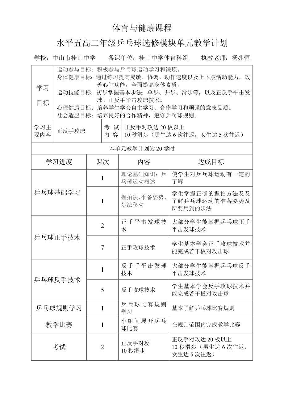 高中乒乓球教学单元计划.doc