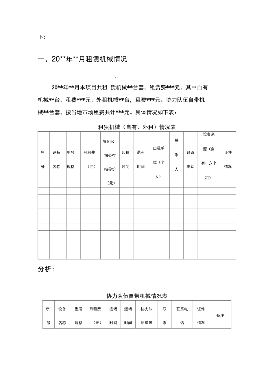 项目机械设备月度成本分析报告.doc