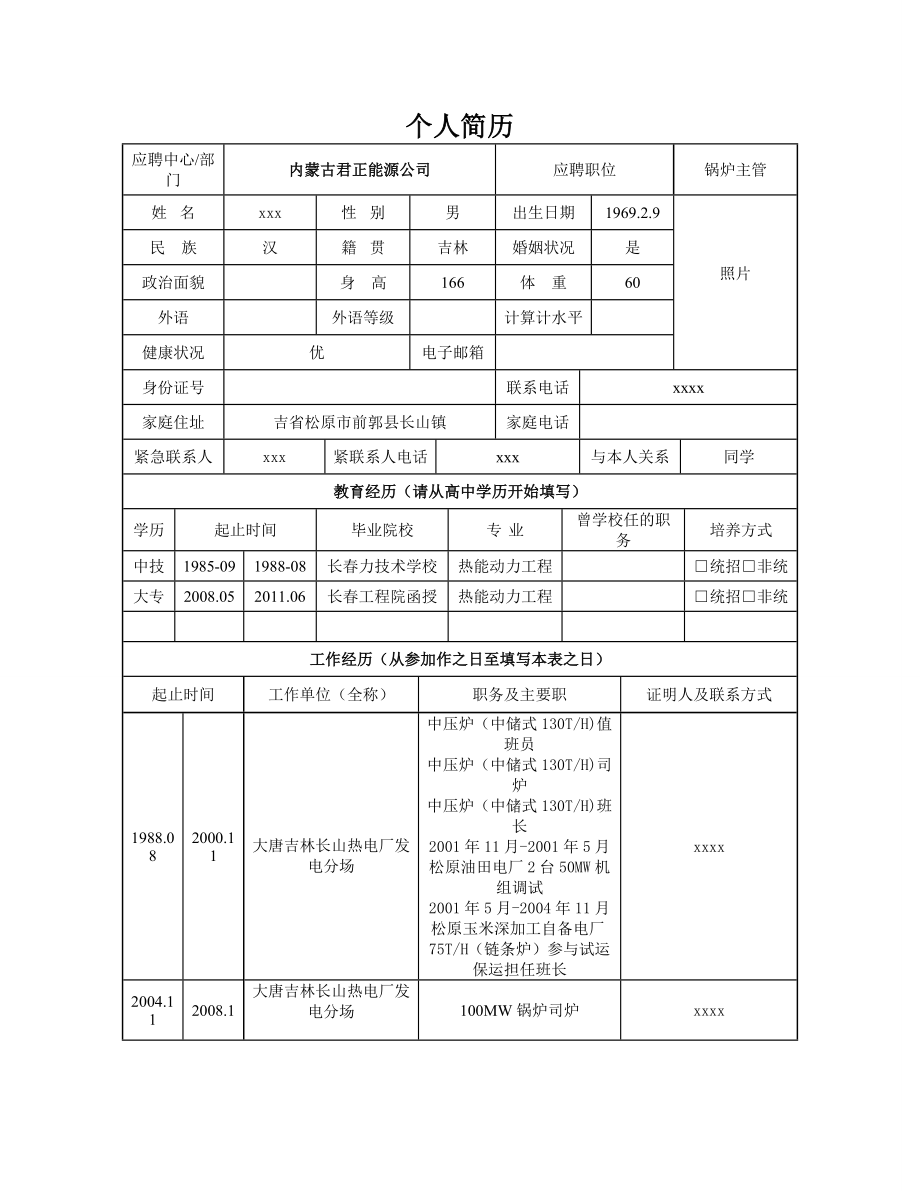 锅炉主管个人简历模板.doc