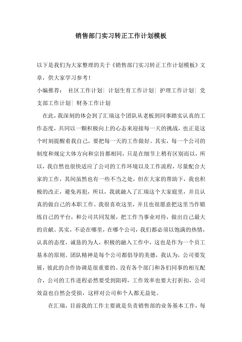 销售部门实习转正工作计划模板.doc