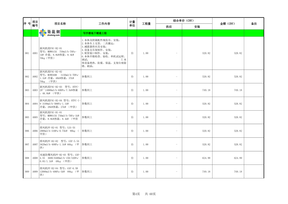 暖通工程设备材料清单计算表.xls