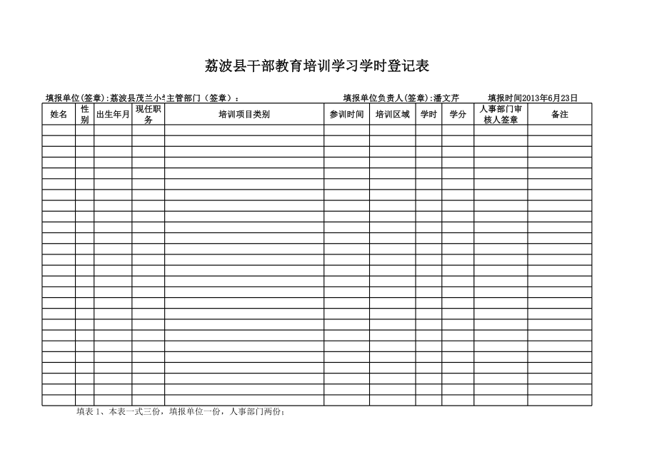 茂兰小学校本培训学时登记表(样表).xls