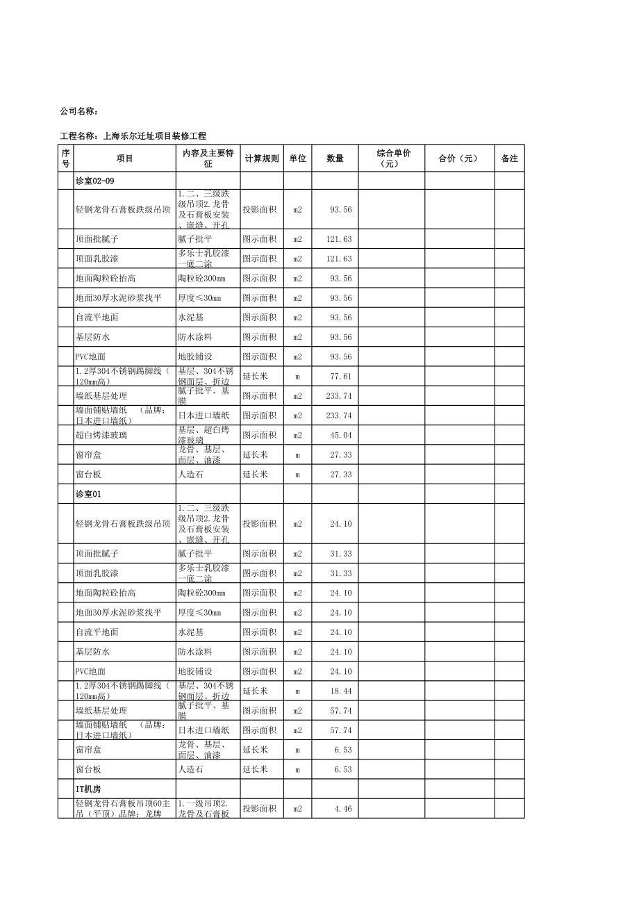 医院装修工程量清单.xls