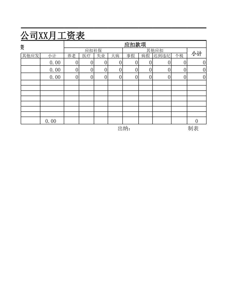 月薪制工资表模板-标准工资条（全行业适用）.xls