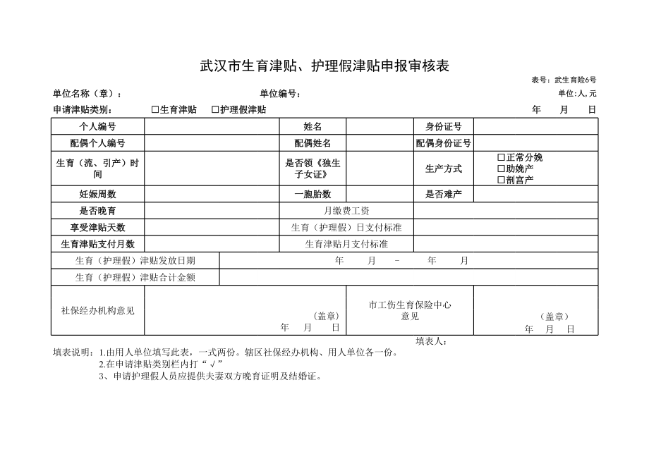 武汉市最新生育津贴、护理假津贴申报审核表.xls