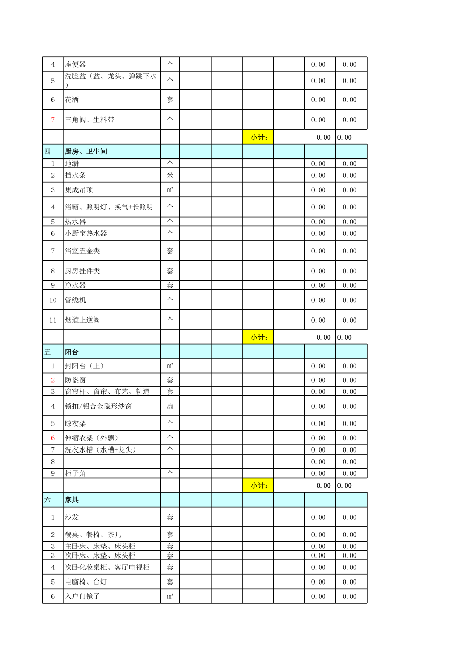 毛坯房装修预算清单.xls