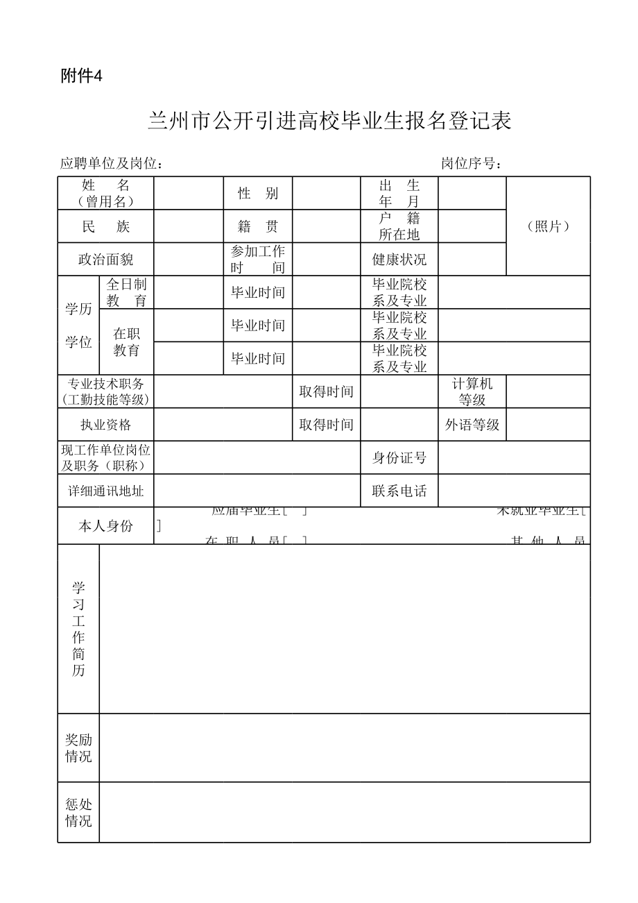 兰州市公开引进高校毕业生报名登记表.xls