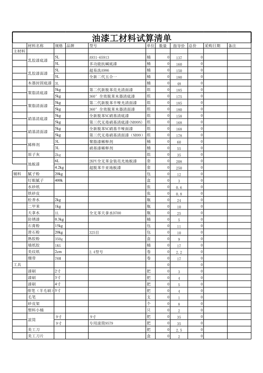 装修清包自助-6油漆工材料清单.xls