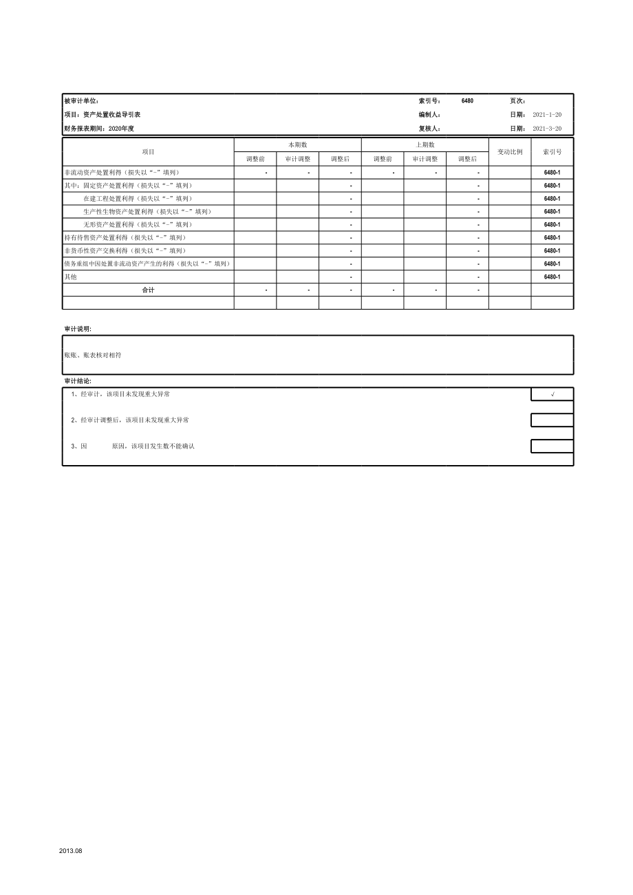 审计工作底稿之6480资产处置收益--XX公司.xls