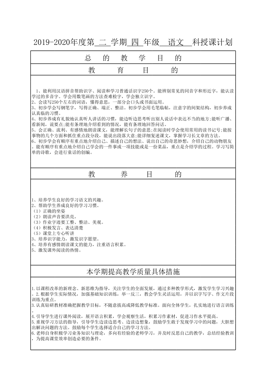 最新部编版四年级语文下册教学进度表(语文).xls