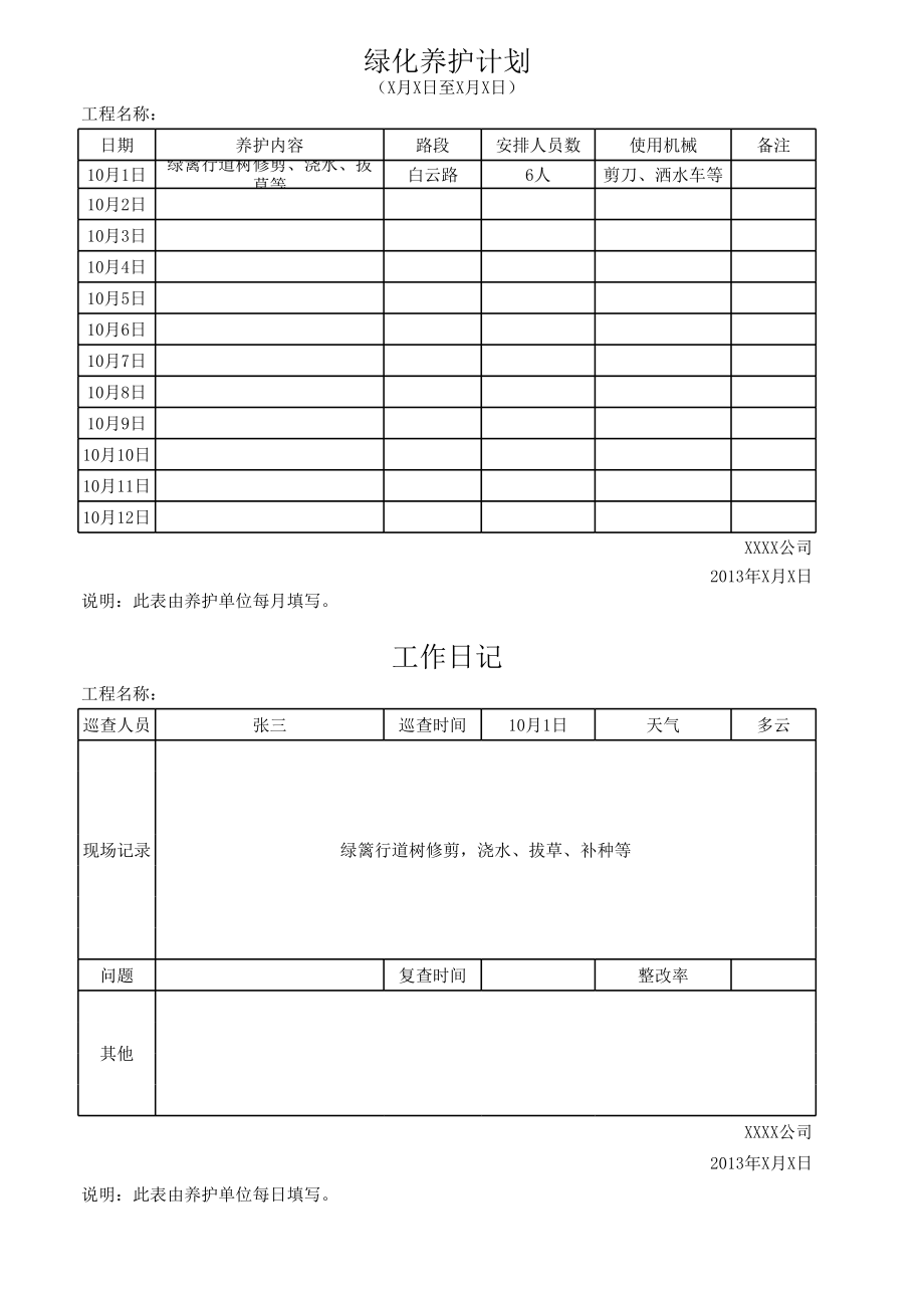 绿化养护管理(植物明细、养护作业、日常巡查、施肥浇水、病虫害防治、苗木补载、投诉处理等)台账相关表格.xls