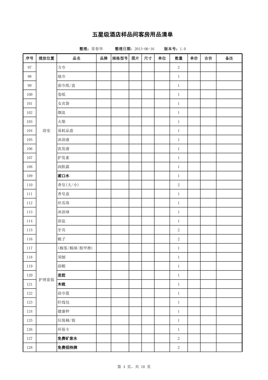 五星级酒店样板间客房用品清单.xls