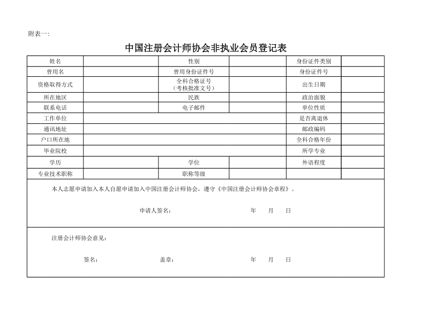 中国注册会计师协会非执业会员转会申请表.xls