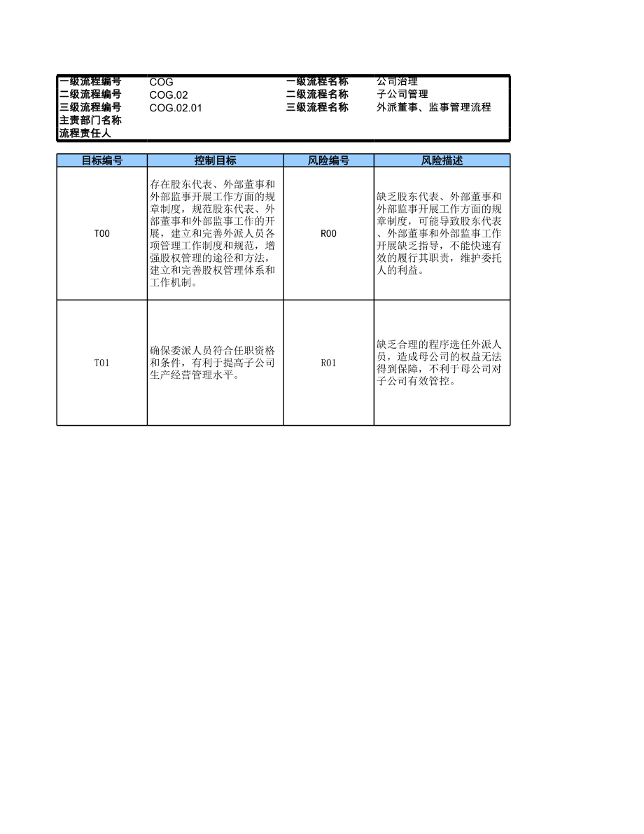 企业外派股东代表、董事、监事管理流程（任职、权责分配、履职及考核）_RCM风险控制矩阵模版..xls