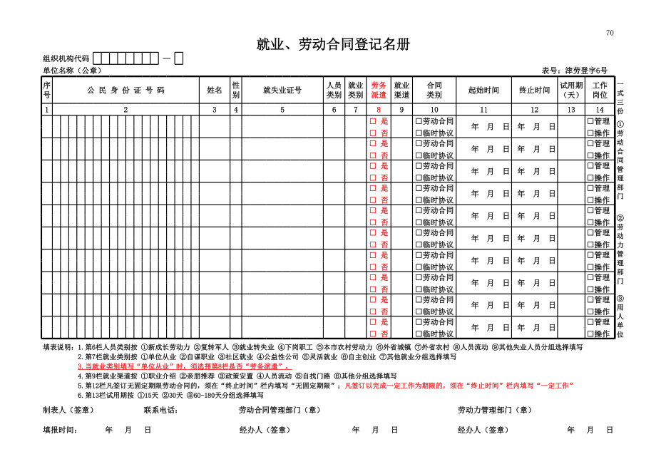 天津市就业、劳动合同登记名册(6号表).xls