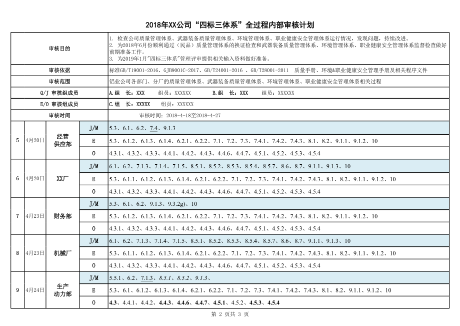 “四标三体系”内部审核计划(新版标准).xls