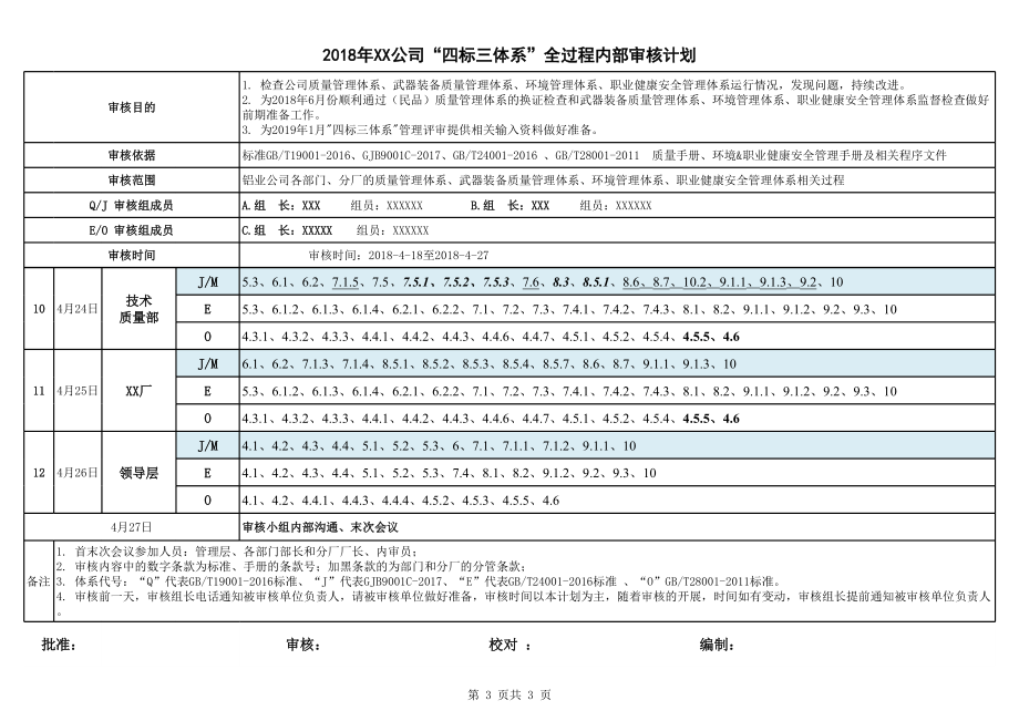 “四标三体系”内部审核计划(新版标准).xls