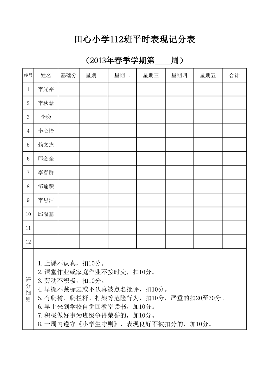 小学生平时表现量化记分表.xls