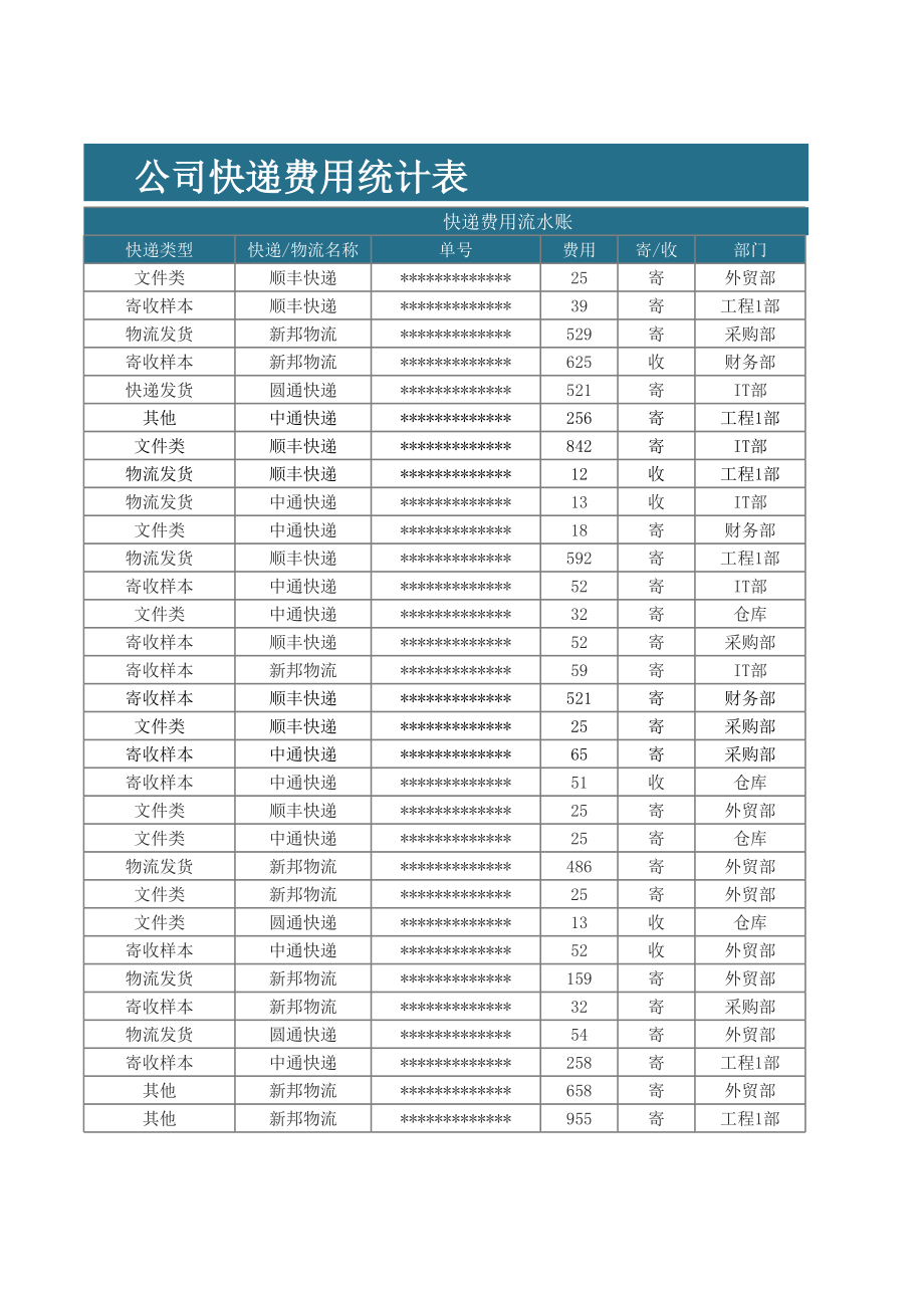 蓝色公司快递费用统计表Excel模板.xls